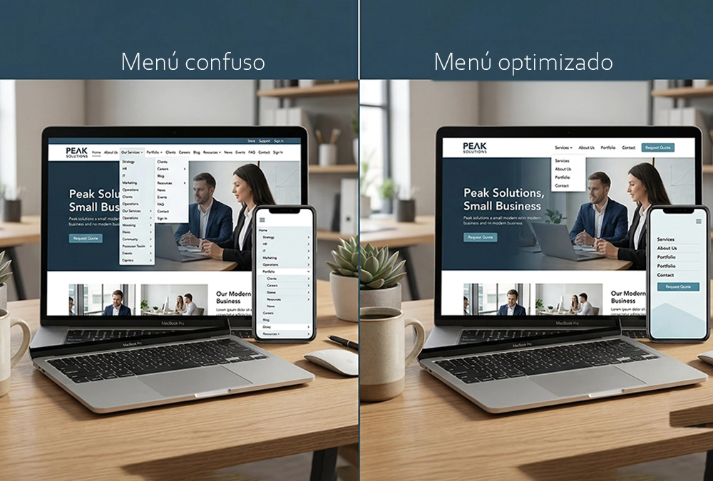 Ejemplo de menú web confuso frente a menú claro en una pyme