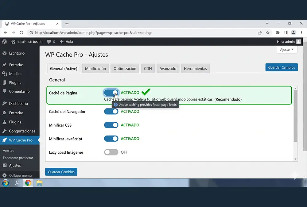 Configuración de caché para mejorar el rendimiento de WordPress.
