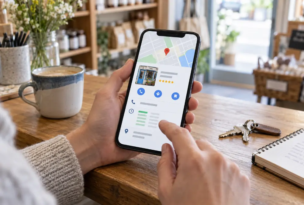Persona revisando la ficha de Google de un negocio local