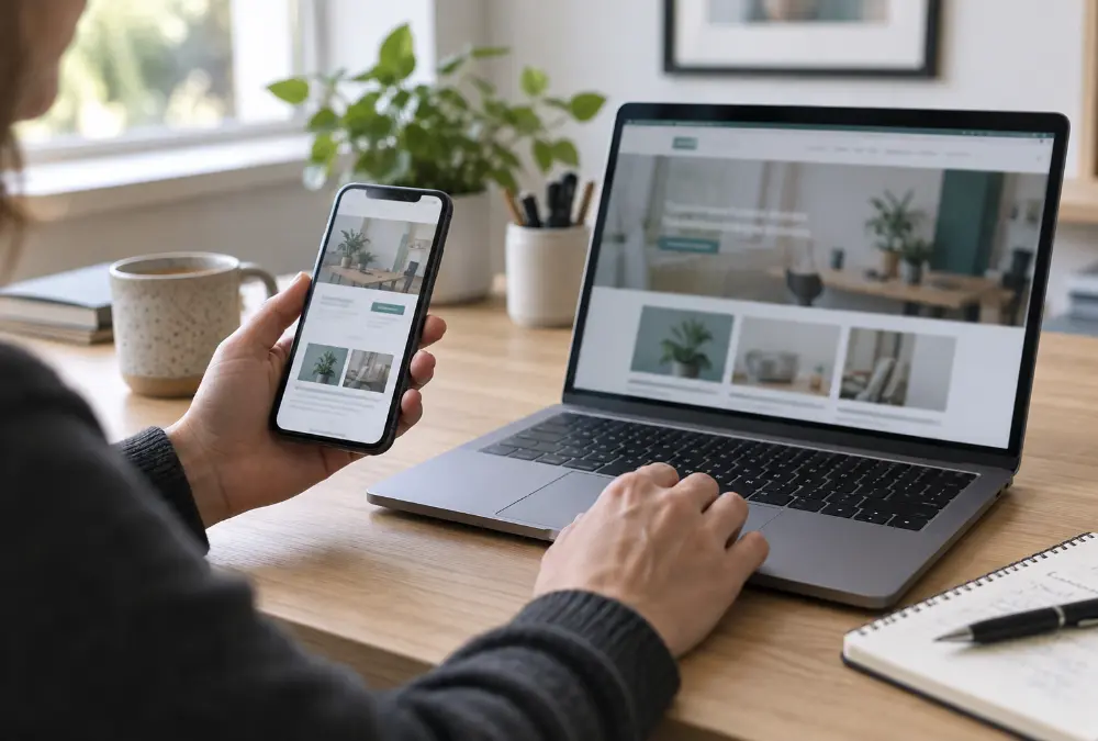 Web de un negocio local visualizada en un móvil y un ordenador